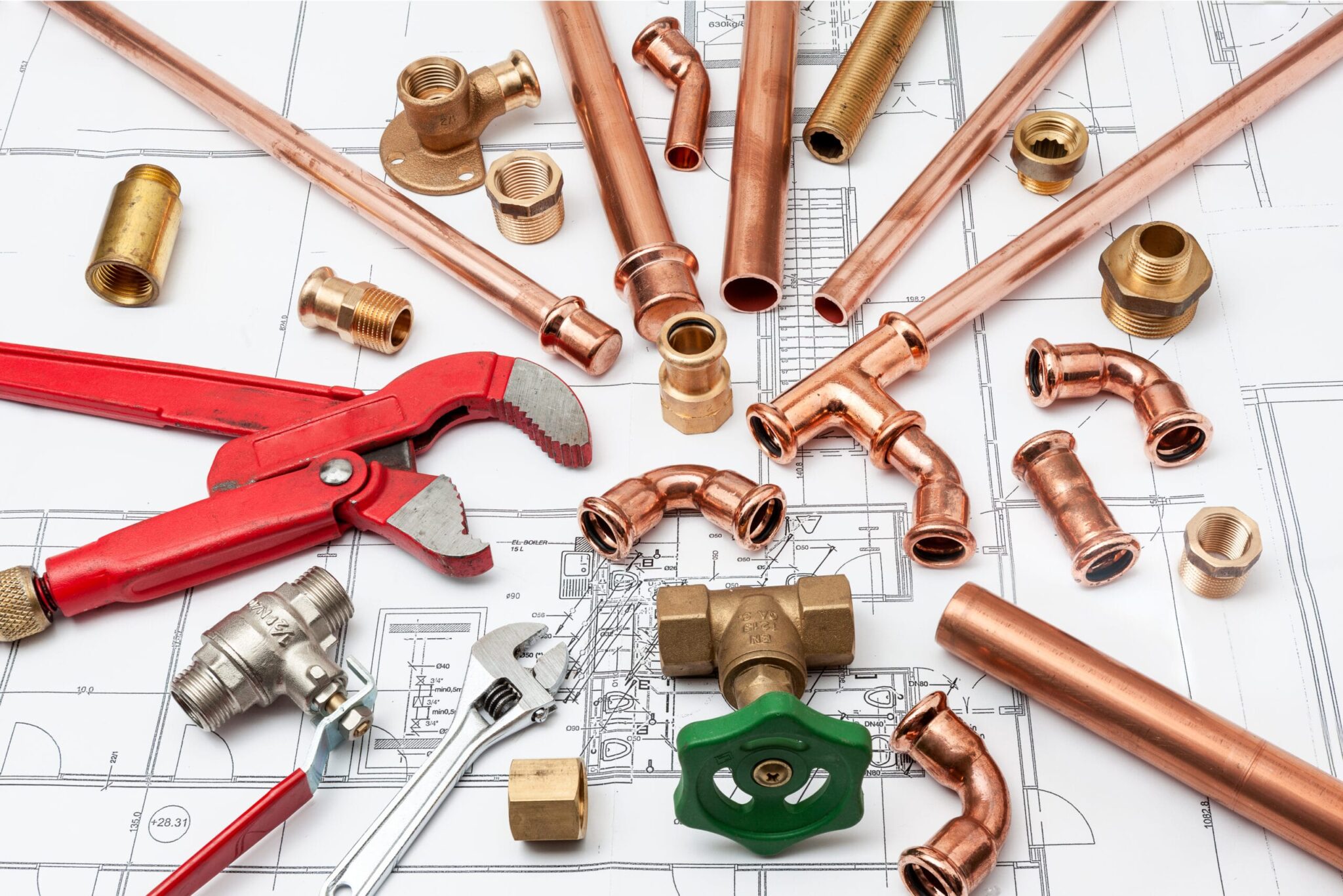 Copper pipes, fittings, valves, and plumbing tools in Alpharetta