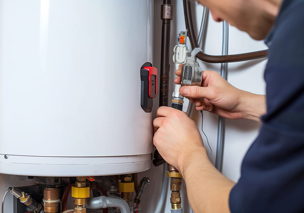 Technician repairing pipes connected to a water heater in Alpharetta